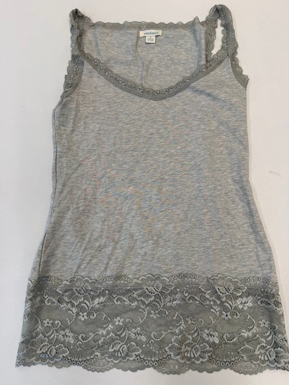 Sundance Gray Floral Lace Trim Tank Top Cami Small Y2K Coquette Boho